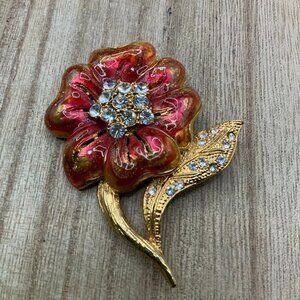Flower Red Orange Enamel Rhinestone Gold Tone Vintage Brooch
